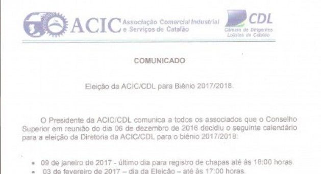 Eleição da ACIC/CDL para Biênio 2017/2018.